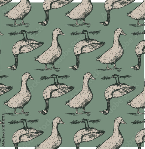 Duck repeat pattern that is an editable vector and seamless designed for vintage fabric, textiles and surface designs 
