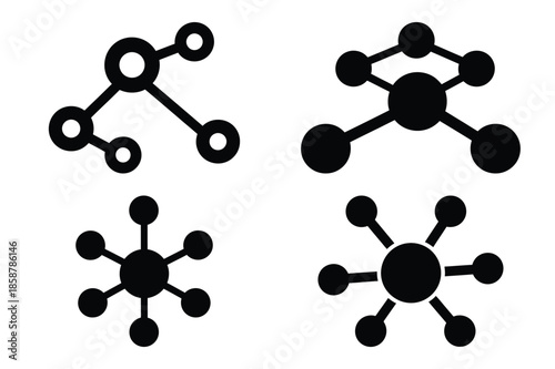 network nodes silhouette vector icon set, black color and white background