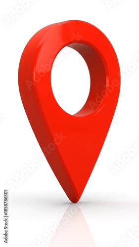 3D red map location pin rotating on white glossy surface