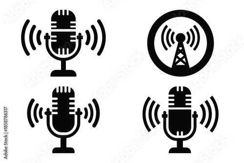 radio broadcast silhouette vector icon set, black color and white background