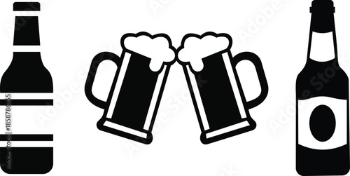 Beer bottle and clinking mugs silhouette icon set
