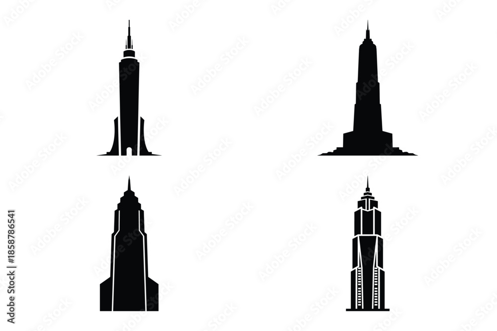 Fototapeta premium skyscraper tower silhouette vector icon set, black color and white background