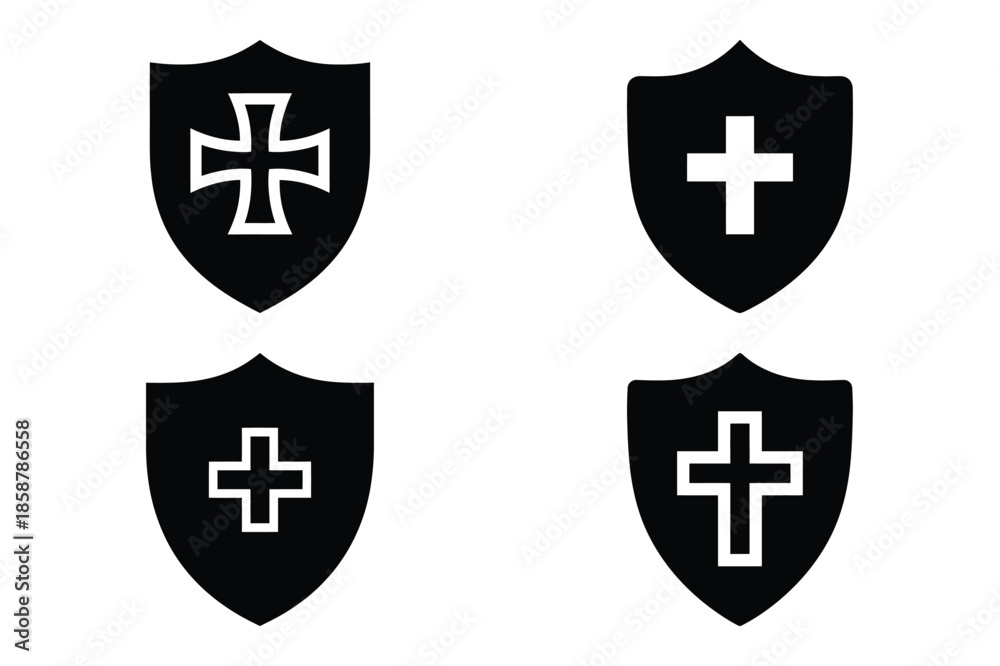 Fototapeta premium shield cross silhouette vector icon set, black color and white background