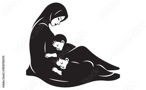 Mother tenderly embracing her two sleeping children