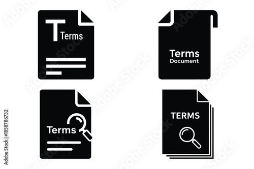 terms document silhouette vector icon set, black color and white background
