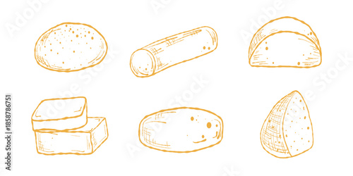 Cheese icons set, hand drawn sketch set. Cheese set illustration, wedges and slices. Charcuterie cheese pack, menu icons