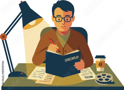 Focused male screenwriter wearing glasses sitting at desk under lamp light writing new script in screenplay notebook with red pen next to coffee cup and film reel.