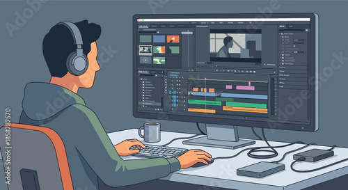 Young male video editor wearing headphones sitting at desk editing movie footage on computer screen with complex timeline software interface during post production.