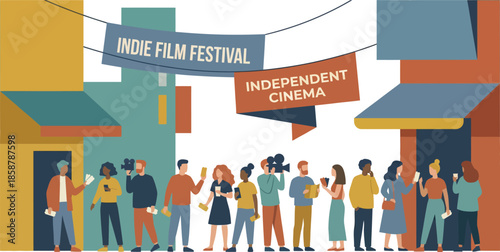 Diverse crowd of young people standing in queue waiting for entrance to indie film festival event under hanging banners celebrating independent cinema culture in city.