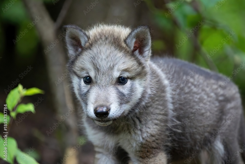 Fototapeta premium Adorable grey wolf pup looking directly at camera within a lush forest