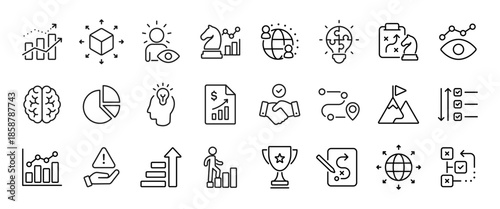 Strategy icon set outline style. Business strategy line icons collection. Action planning and corporate management concept. Data chart, analysis, roadmap, metrics and vision symbols.