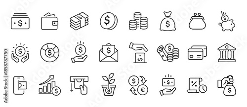 Money icon set outline style. Financial and banking line icon collection. Business and investment symbols. Wallet, cash, piggybank, bank, mobile banking concepts.