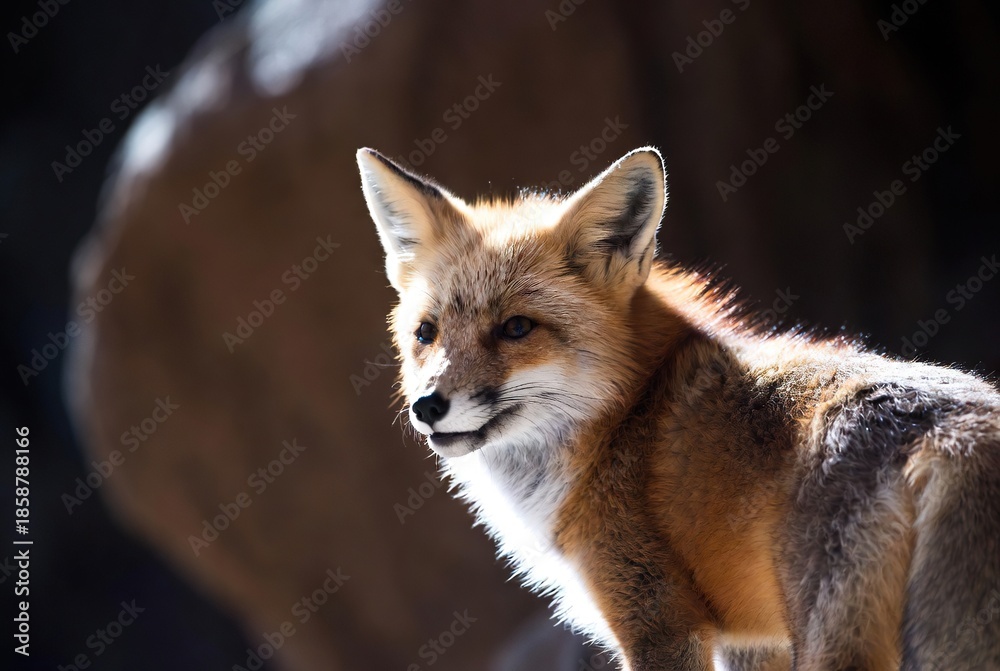 Fototapeta premium Majestic red fox with striking backlighting and vibrant fur in natural