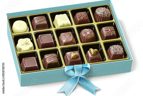 Chocolate box assorted chocolate gift box blue box candy dessert sweet bow confection gourmet chocolate praline truffle luxury mixed chocolate