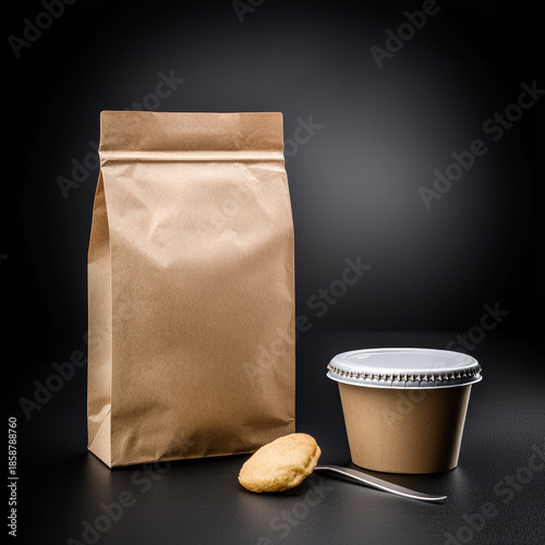 Takeout packaging paper bag soup cup cookie spoon brown kraft food delivery takeaway meal restaurant