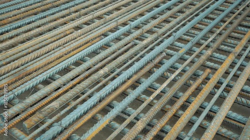 Reinforcement of concrete work. Rebar steel bars, reinforcement concrete bars with wire rod used in construction site.