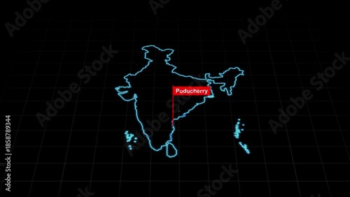 Puducherry Map Outline in Indian Map shown on a detailed map animation