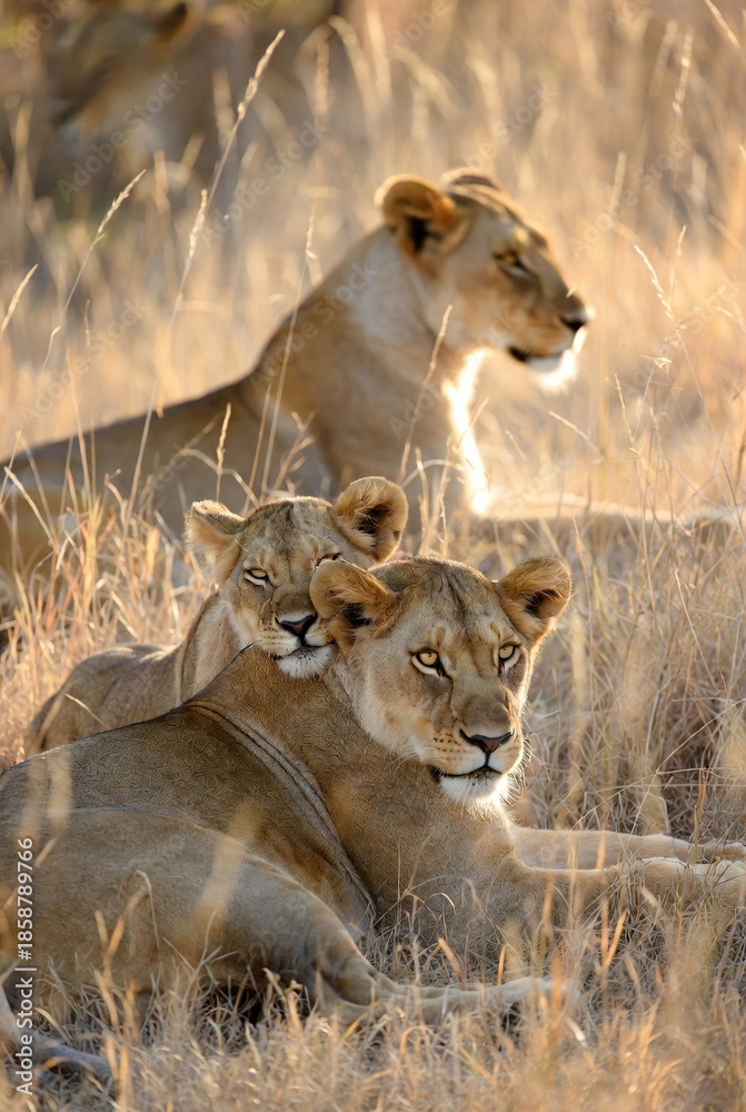 Obraz premium Three tawny lions resting peacefully together in golden savanna grass at