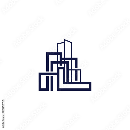 Minimal architectural structure illustration viewed from a low angle with geometric shapes