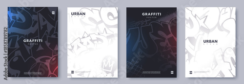 Modern urban graffiti vector posters with abstract street art elements, bold shapes, layered textures, and dark light gradients. Ideal for street culture branding, music events, youth banners, flyers.