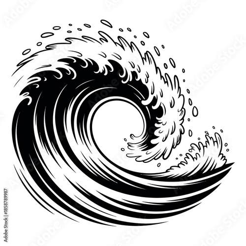 Dramatic black and white vector artwork of large ocean wave curling upwards with froth and droplets graphic t shirt print design at sea against white backdrop