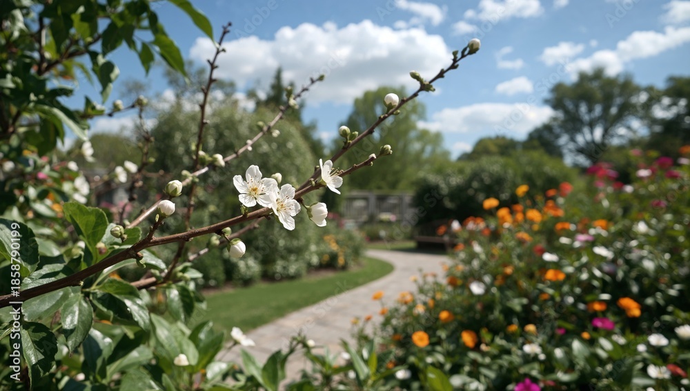 Fototapeta premium Blossoms and Flowers in a Garden During Daytime With Blue Sky and Clouds