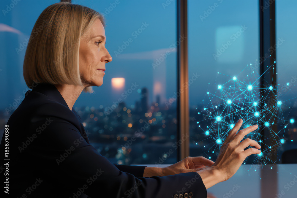 Fototapeta premium Professional woman interacts with digital network interface, showcasing innovation and technology in modern office setting. city skyline is visible in background, creating dynamic atmosphere