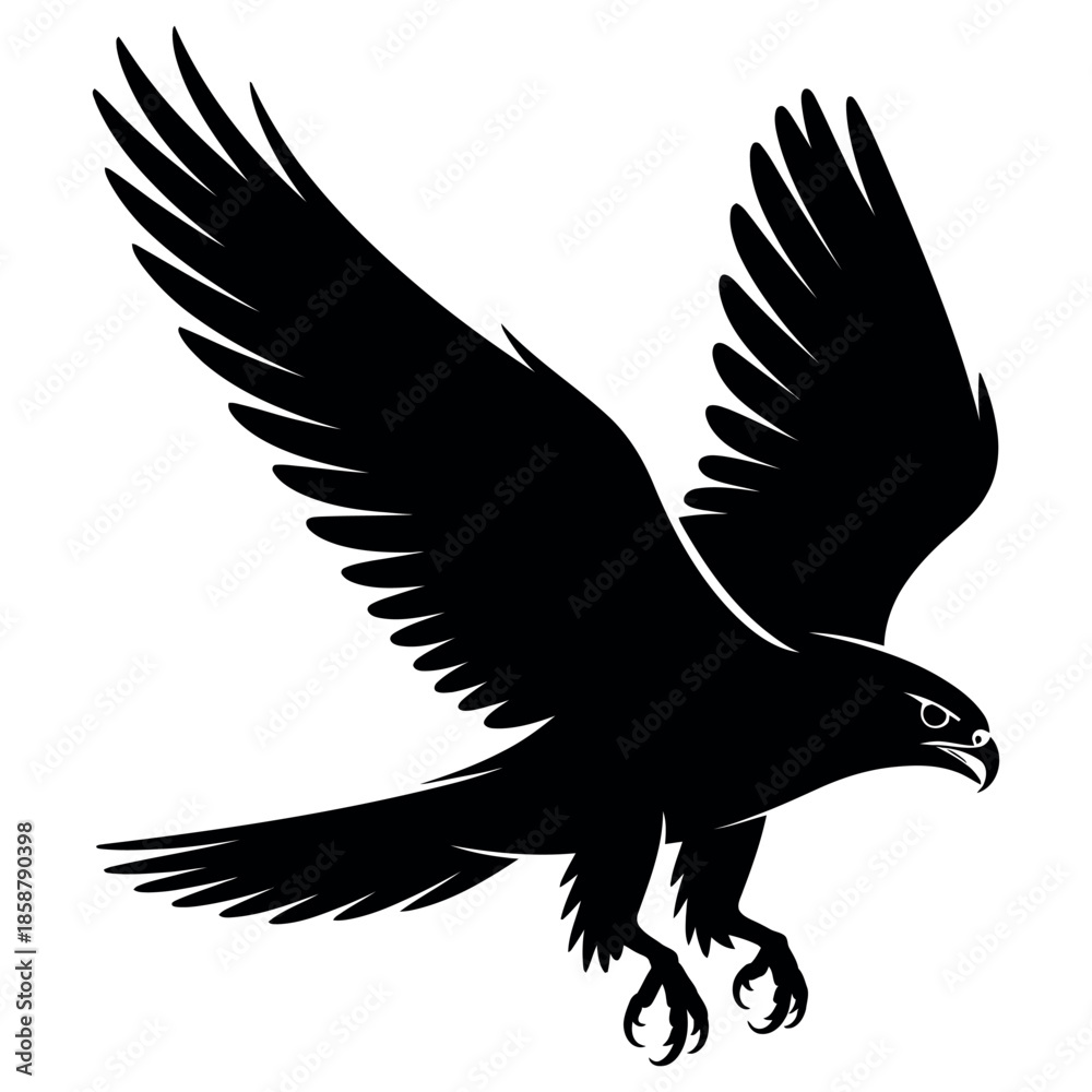 Obraz premium Majestic Silhouette of Falcon in Mid Flight Captivating Bird of Prey with Powerful Wings and Sharp Talons Against White Background in Vector Art Style