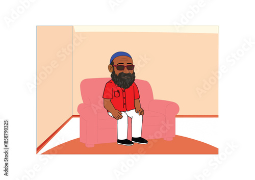 Man with beard sitting alone on a sofa in a living room illustration