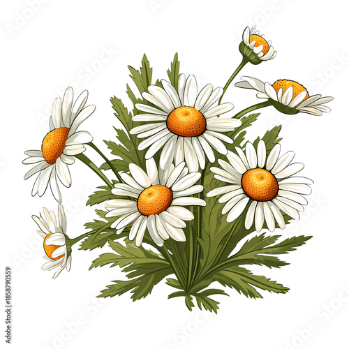Botanical Illustration of Chamomile Flowers and Leaves