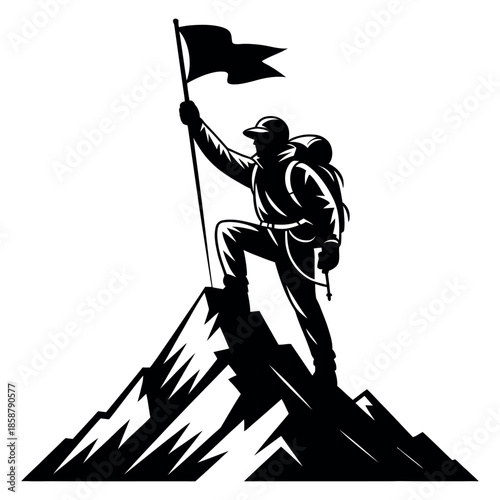 Mountain climber on top with flag success business achievement silhouette black and white challenge adventure outdoor sport vector illustration