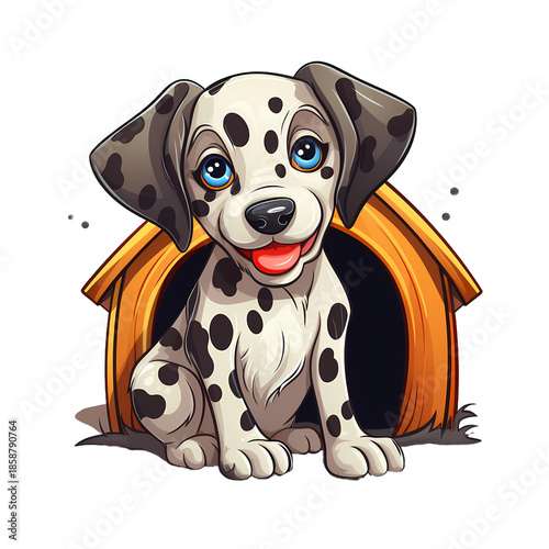 Joyful puppy near its kennel illustration