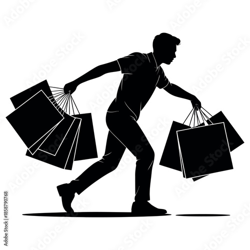 Silhouette Man Shopping Carrying Shopping Bags Overload Retail Therapy Consumerism Sales Promotion Black and White Modern Commerce Spending Spree