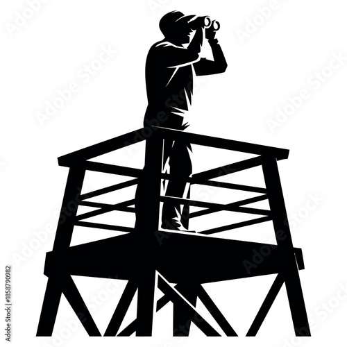 Silhouette of Man on Tower Looking Through Binoculars on White Background Observation Concept Tower Building Perspective Surveillance