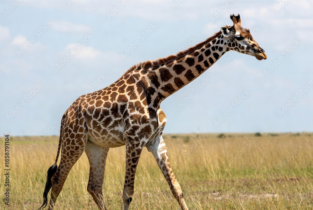 Obraz premium A majestic giraffe gracefully walks across the sunny African savanna