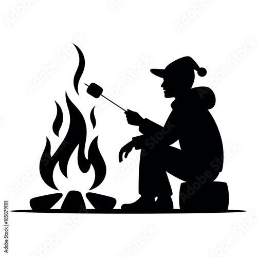 Silhouette of Person Roasting Marshmallow by Campfire Enjoying Outdoors Black and White Vector Illustration of Camping Adventure Recreation