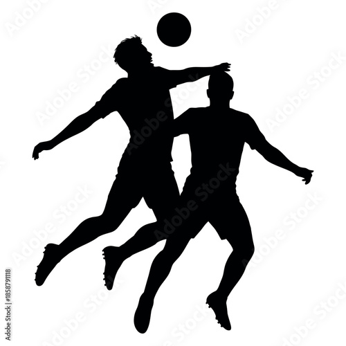 Soccer Players Heading Ball Silhouette Intense Game Action Athletic Competition Sport Event Team Sport Dynamic Movement Black and White