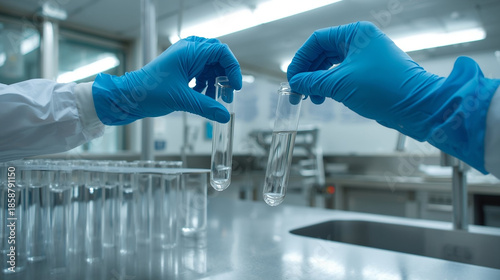 Hands wearing gloves handling test tubes in a laboratory. Clean clinical environment. Concept of science and research work.