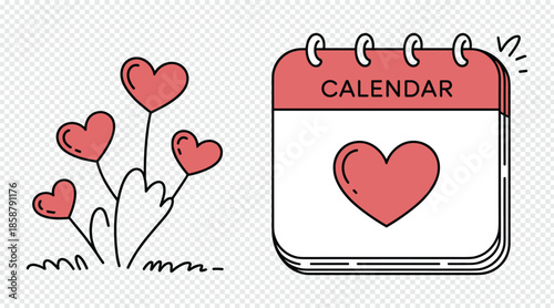 Love and romance theme icons featuring calendar and blooming hearts illustration