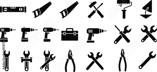 Construction tools silhouette icon set, power drill saw wrench hammer symbols, repair maintenance equipment vector, black flat industrial design