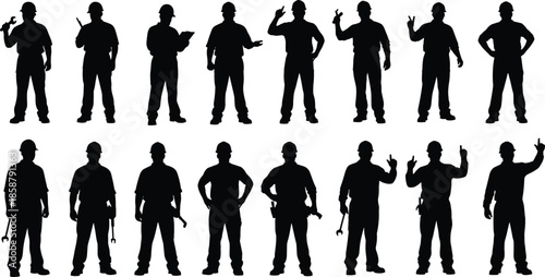 Construction worker silhouette set, builder handyman poses with tools, industrial labor teamwork concept, professional repair service vector illustration