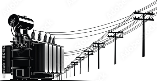 Electric power transformer and transmission line illustration, high voltage energy distribution system, utility infrastructure vector design, industrial electricity concept
