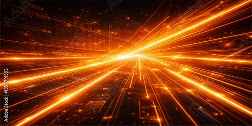 Abstract urban night background featuring a glowing burst of fast motion blur from city traffic lights and car speed on a dark highway motorway