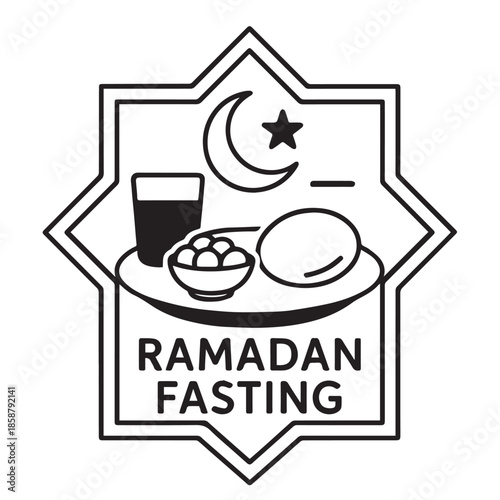 Minimal black and white Ramadan fasting icon featuring crescent moon, star, and traditional iftar items.