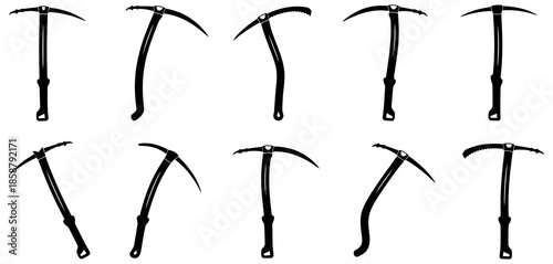Collection of Black Silhouette Vector Illustrations of Climbing Ice Picks for Outdoor Adventure and Winter Sports Equipment Icons Set Mountaineering Alpinism Hiking Tools Design Elements