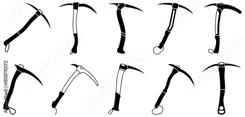 Collection of Black Silhouette Vector Illustrations of Climbing Ice Picks for Outdoor Adventure and Winter Sports Equipment Icons Set Mountaineering Alpinism Hiking Tools Design Elements