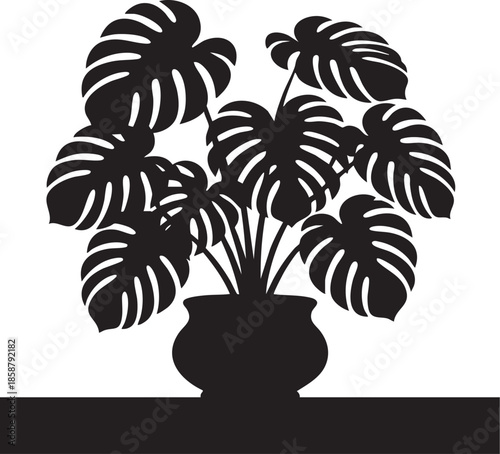 Monstera deliciosa plant illustration in a pot, minimalist style, black and white, home decor, design element, vector art
