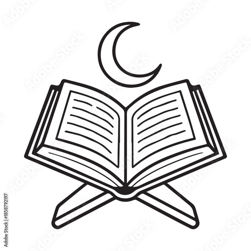 Minimal line art of open book on stand with crescent moon above — symbolizing Quranic study and devotion.