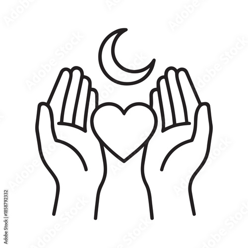 Black-and-white silhouette of mosque with crescent moon and stars — symbolizing Ramadan night and reflection.