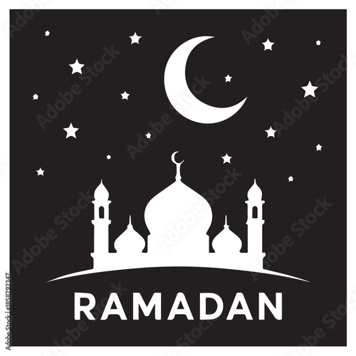 Black-and-white silhouette of mosque with crescent moon and stars — symbolizing Ramadan night and reflection.